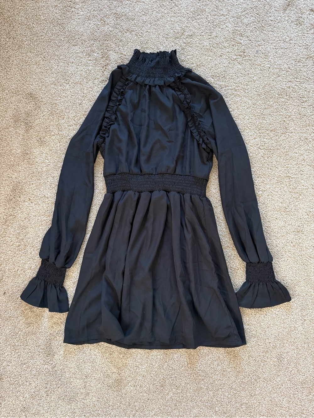 Killstar Black Smocked Waist Long-Sleeve Gothic High Neck Mini Dress Size Large